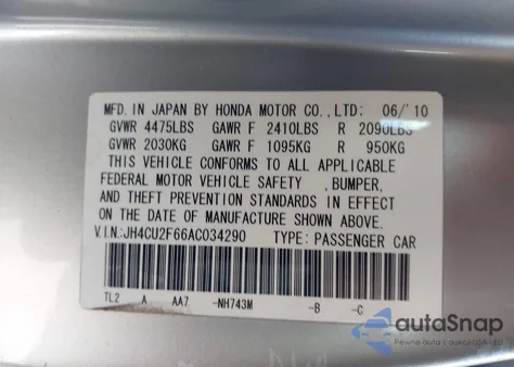 2010 Acura Tsx 2.4 from USA, damaged, VIN JH4CU2F66AC034290